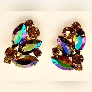 Vintage Aurora Borealis Crystal Clip-On Earrings Gold Tone Cluster Sparkle